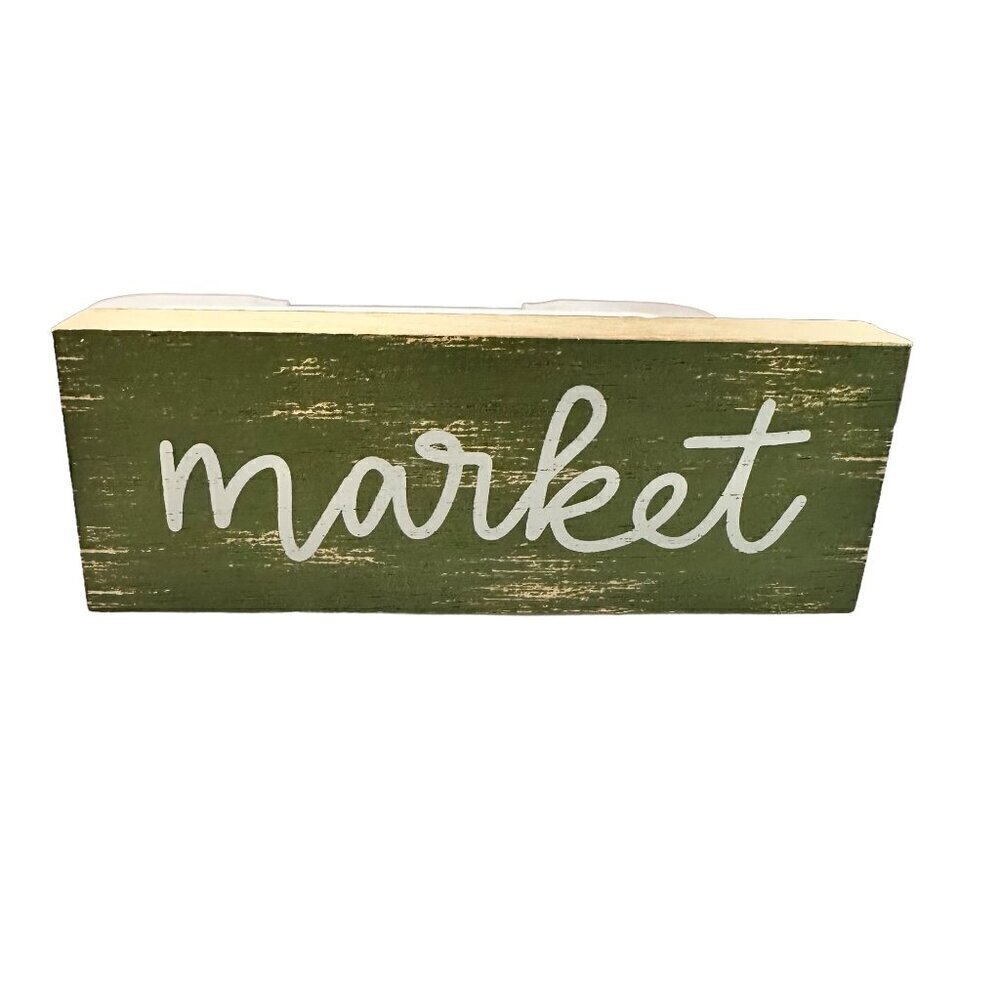 Rustic Market Sign Wooden Farmhouse Decor 6x2x1 Inch Green Distressed Finish